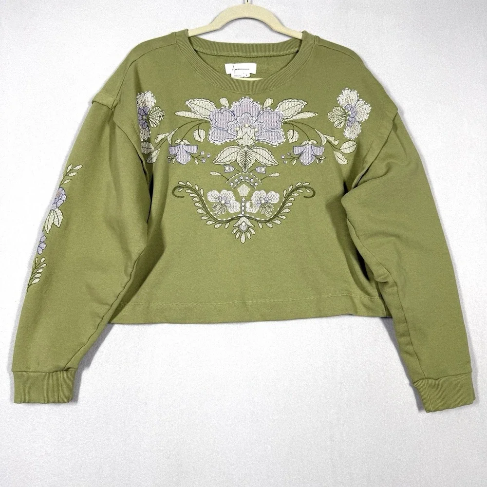 Anthropologie Top Womens Medium Floral Embroidered Sweatshirt Boxy Cropped Boho - Picture 1 of 12